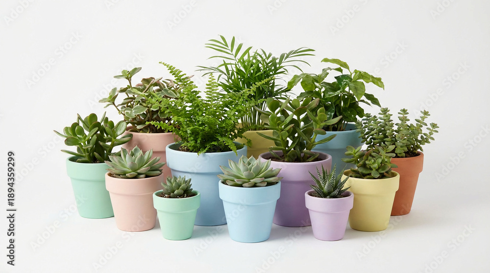 Fototapeta premium Variety of Potted Plants in Colored Pots.