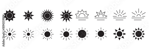 Sun icon set. Vector flat design. Collection of sun stars for use in as logo or weather icon. Yellow suns circles, bright natural lighting objects.