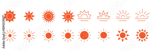 Sun icon set. Vector flat design. Collection of sun stars for use in as logo or weather icon. Yellow suns circles, bright natural lighting objects.