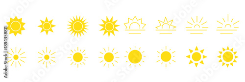 Sun icon set. Vector flat design. Collection of sun stars for use in as logo or weather icon. Yellow suns circles, bright natural lighting objects.