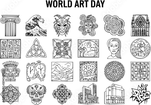 World Art Day Black  White Line Art Icons Collection: Diverse Cultural Art Styles, Historical Symbols  Creative Elements for Education.