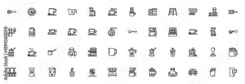 Coffee shop icon set. Minimal vector icons collection. Includes latte art, barista, coffee machine, grinder, beans, mug, espresso, pour over and more. Editable stroke.