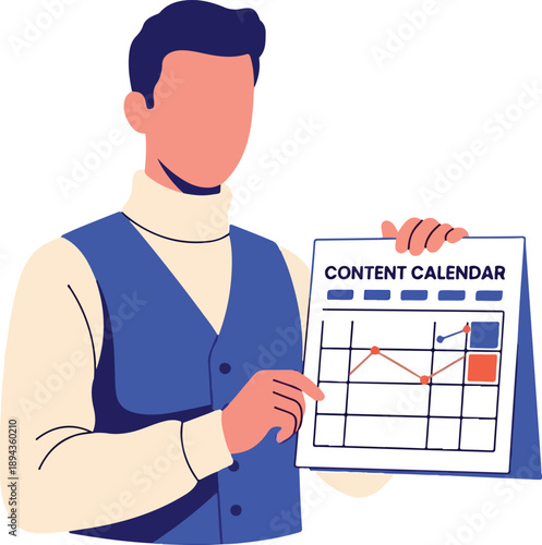 Ideal for marketing professionals  social media strategists. Man displays content calendar with red  blue markings for planning.