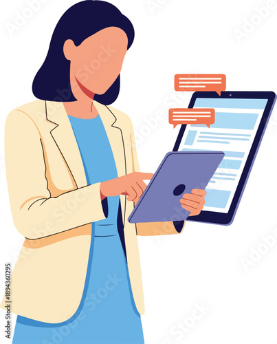 Ideal for marketing and communication concepts. Woman utilizes a tablet device with chat bubbles. Suitable for website banners or social media posts.