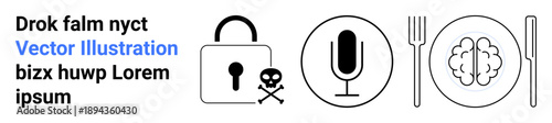 Cybersecurity, intellectual property, content creation, digital privacy, media, cognition. Visual includes a lock, skull microphone cutlery and brain. Cybersecurity and intellectual property