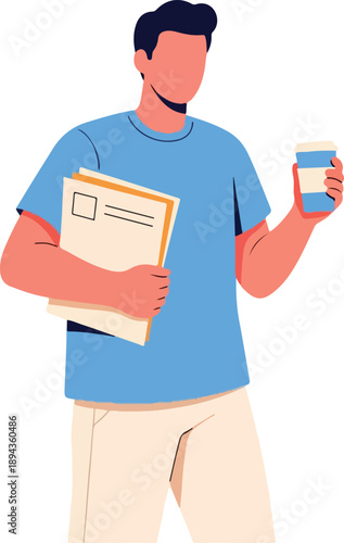 Ideal for business, office, workplace concepts. Professional man in blue attire, holding documents and coffee cup, exuding confidence and efficiency.