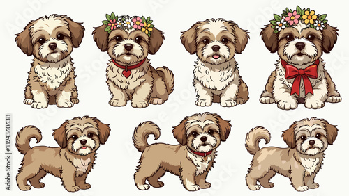Cute Shih Tzu Vector with Flower Crown and Red Ribbon, Adorable Puppy Character Set Wearing Accessories, Small Dog Mascot for Greeting Cards and Pet Fashion Illustration