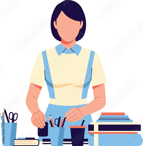 Woman organizing office supplies suitable for office organization, time management, workspace productivity, home office concept, bookkeeping, and business planning resources.