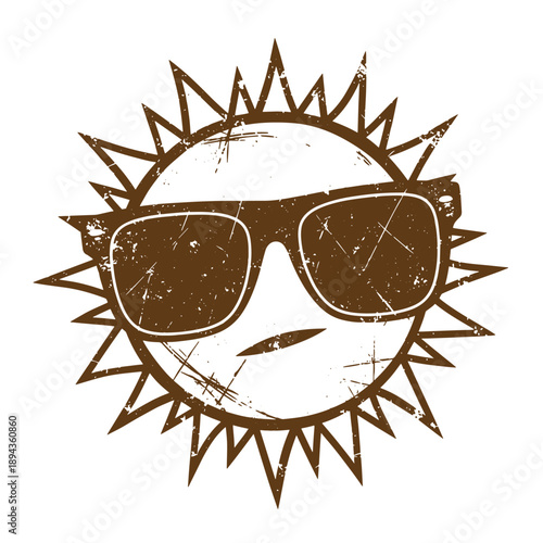 Vintage Grunge texture Vintage sun wearing sunglasses illustration on white background for summer and hot weather concepts  sunny day icon