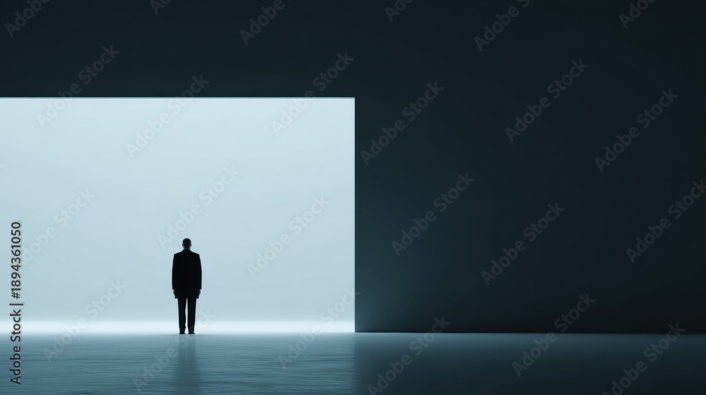 Obraz premium Silhouette of a Leader Standing Alone in an Empty Space Symbolizing Pressure and Responsibility in a Vast Environment
