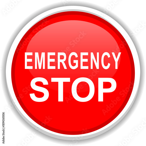 Red Emergency Stop Button Vector Illustration, 3D glossy circular icon. White bold text isolated on white background, industrial safety hazard alert, push button switch for machinery shutdown control