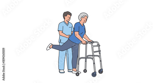 Nurse assisting elderly woman with walker in modern healthcare setting