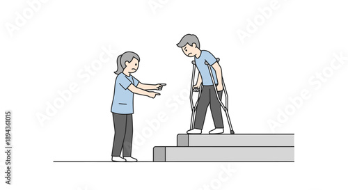 Woman helping man with crutches step up to new level together