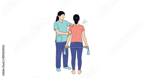 Physiotherapist assisting patient with shoulder exercise using resistance band