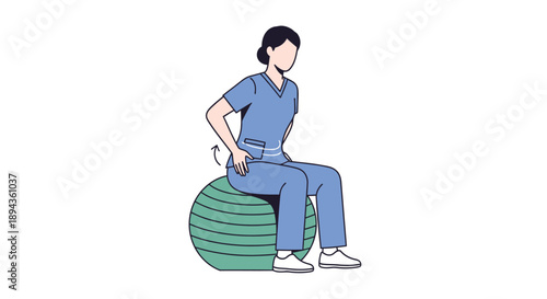 Woman exercising on fitness ball in blue scrubs