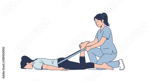 Physiotherapist assisting patient with leg stretch exercise