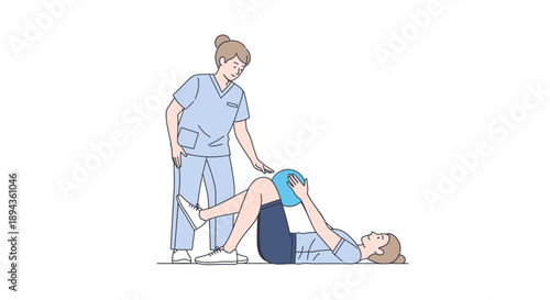 Physiotherapist assisting patient with leg exercise using fitness ball