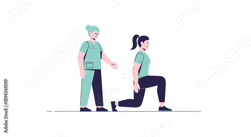 Fitness instructor guiding woman through lunges in modern gym setting