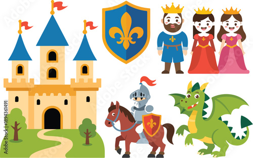 Fairy Tale Castle Adventure Vector Illustration King, Queen, Princess, and Knight