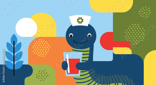 Stylized illustration of Medical leech character in a children's style with glass of red liquid. Medical cap and cross symbol enhance stylized illustration, featuring cheerful character.