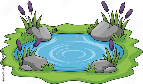 Cartoon Pond Vector Illustration Water, Rocks, Grass, and Cattails