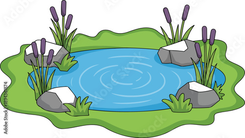 Cartoon Pond Vector Illustration Water, Rocks, Grass, and Cattails