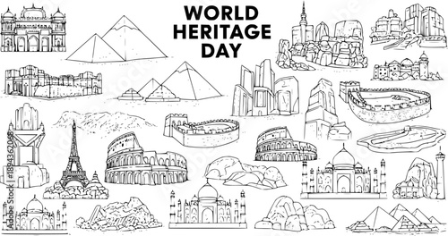 Hand-Drawn Black and White Line Art Set of World Heritage Day Famous Global Landmarks, Historical Monuments, and Natural Wonders.