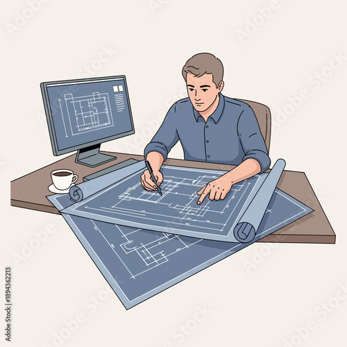 Architect designing blueprints on computer and paper