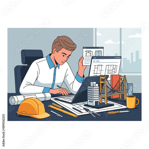 Architect designing bridge and building models on desk with laptop and blueprints