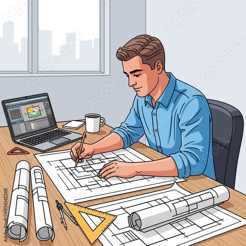 Architect drawing blueprints at desk with laptop and coffee