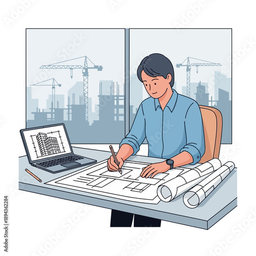 Architect drawing building plans on desk with laptop and blueprints