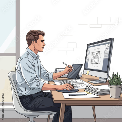 Architect working on computer with blueprints at desk