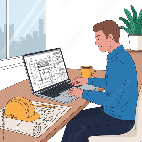 Architect working on laptop with blueprints and hard hat at desk