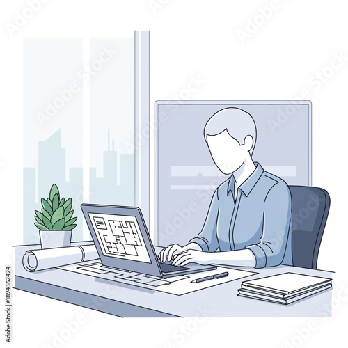 Architect working on laptop with floor plan, office desk with blueprints and plant