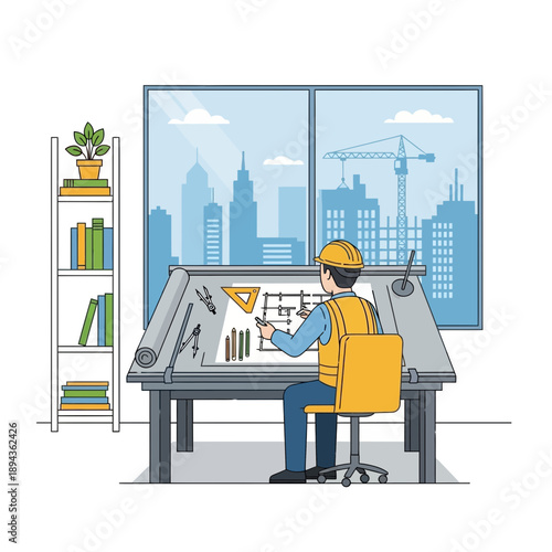 Architect works on blueprint at drafting table with city view