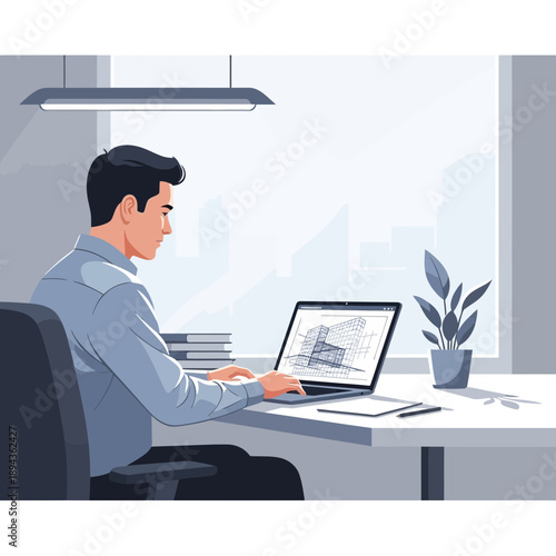 Architect working on laptop with building design in modern office