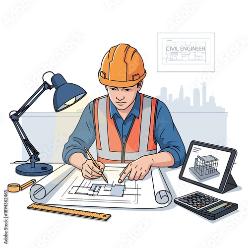 Civil engineer working on blueprints with tablet and calculator