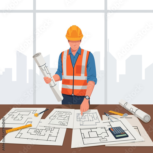 Construction worker reviewing blueprints and plans at desk