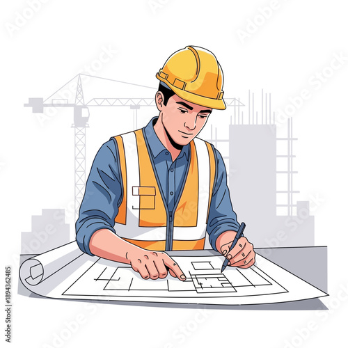 Construction worker drawing blueprints on site