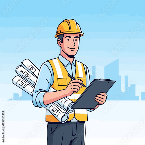 Construction worker with blueprints and clipboard, urban background