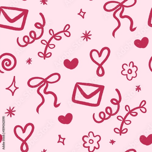 Cute Hand Drawn Valentine Seamless Pattern with Hearts, Love Letters, and Romantic Doodles