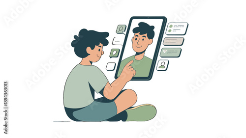 A young person is using a tablet device to interact with a virtual interface and communicate.