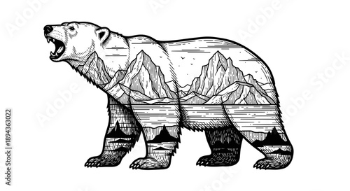 Polar Bear with Arctic Landscape Double Exposure Black and White Linear Flat Art for Wildlife Conservation, Environmental Awareness, Nature Blogs, and Education Materials