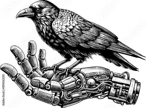 Raven perched on robotic hand engraving illustration showing nature technology fusion for science fiction blogs, AI concepts, gothic art, digital wildlife websites, and futuristic awareness campaigns
