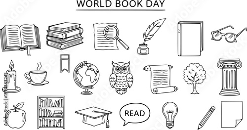 World Book Day Vector Icons: Black and White Line Art Collection with Books, Owl, Globe, and More