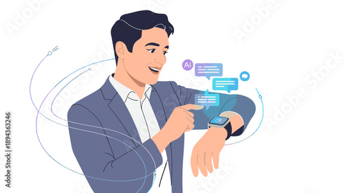 A modern man interacting with a smartwatch featuring AI technology.