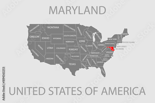Maryland State, USA, vector map isolated on United states map. Editable blank vector map of USA.