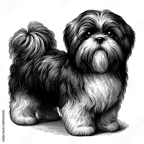 Hand-drawn engraving-style Shih Tzu dog illustration standing full length, isolated for pet breed information, canine enthusiast blogs, antique art collections, and decorative prints