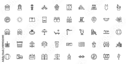 Water park icon set. Vector illustration of aquatic leisure activities. Includes symbols for slider, splash, swimming pool, life guard, picnic, sunbed, ticket, swimsuit, sun umbrella, and more.