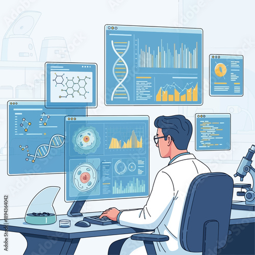 Scientist analyzing data with DNA and molecular structures on screens